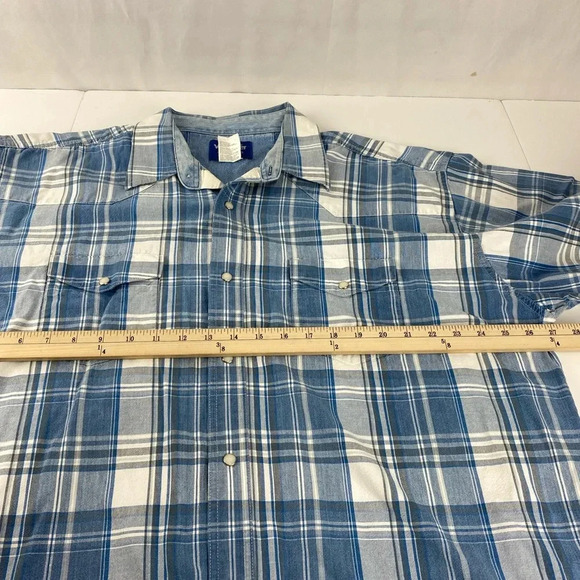 Wrangler Mens 2X Blue White Plaid Denim Pearl Snap Button Down Short Sleeve - Picture 3 of 6